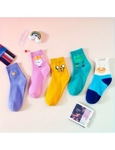 5 Pairs Cartoon Print Socks, Funny & Breathable Mid Tube Socks, Women's Stockings & Hosiery