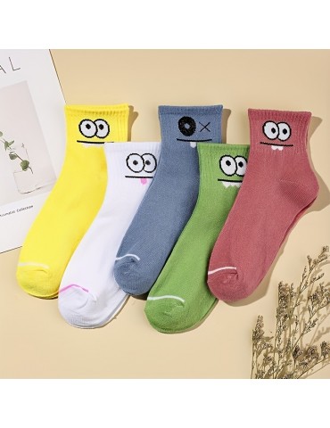 5 Pairs Cartoon Eyes Print Socks, Comfy & Cute Mid Tube Socks, Women's Stockings & Hosiery