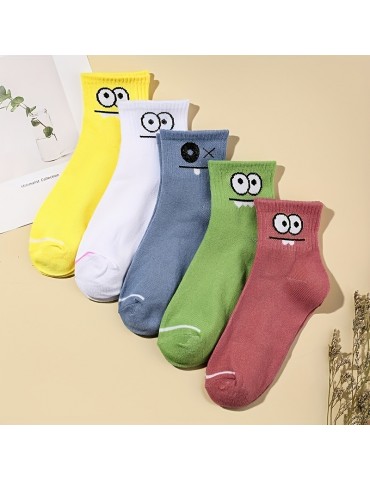 5 Pairs Cartoon Eyes Print Socks, Comfy & Cute Mid Tube Socks, Women's Stockings & Hosiery