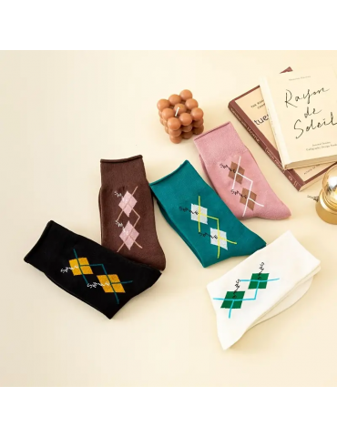 5 Pairs Argyle Pattern Socks, Retro & Warm Mid Tube Socks, Women's Stockings & Hosiery