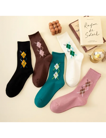 5 Pairs Argyle Pattern Socks, Retro & Warm Mid Tube Socks, Women's Stockings & Hosiery