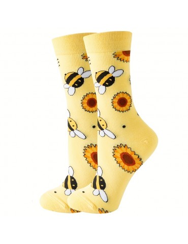 Music Festival Cartoon Bee Print Socks, Comfy & Cute Mid Tube Socks, Women's Stockings & Hosiery