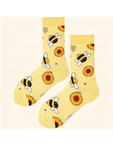 Music Festival Cartoon Bee Print Socks, Comfy & Cute Mid Tube Socks, Women's Stockings & Hosiery