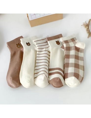 5 Pairs Ankle Socks, Cute Soft Teddy Bear Cotton Socks, Women's Stockings & Hosiery