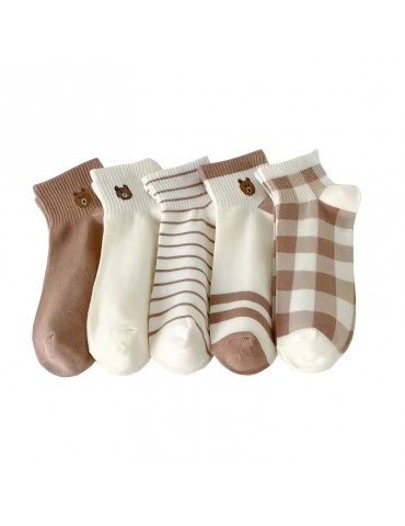 5 Pairs Ankle Socks, Cute Soft Teddy Bear Cotton Socks, Women's Stockings & Hosiery