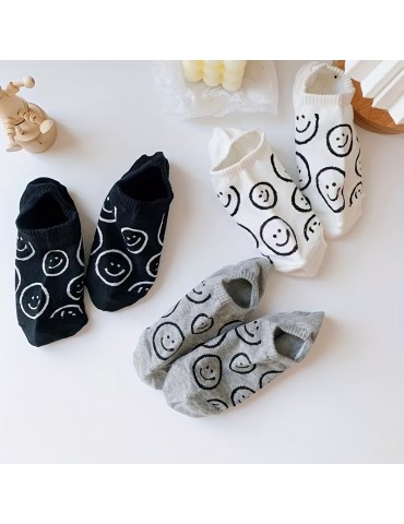 3 pairs Smiling Print Low Cut Ankle Socks for Women - Soft, Lightweight, and Comfortable