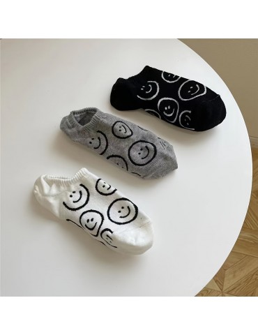 3 pairs Smiling Print Low Cut Ankle Socks for Women - Soft, Lightweight, and Comfortable