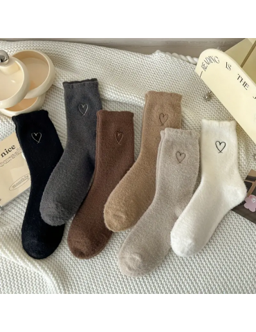 6 Pairs Heart Embroidery Socks, Comfy & Warm Fuzzy Socks, Women's Stockings & Hosiery