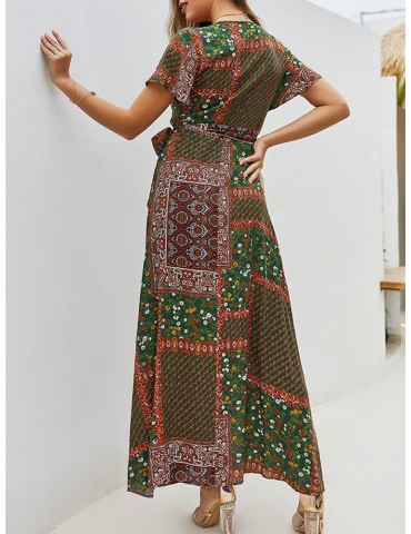 Bohemian Print Cross Wrap Tie Waist Dress For Women