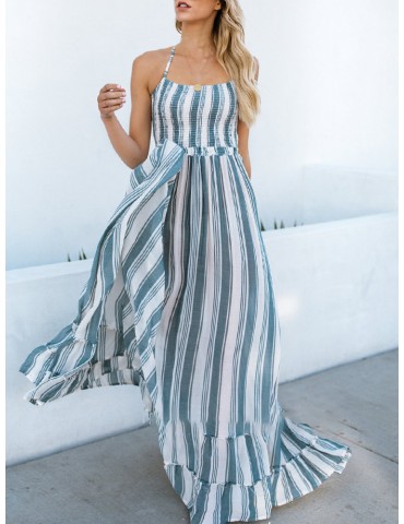 Print Vertical Striped Halter Maxi Holiday Dress