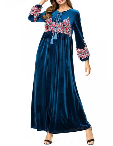 Velvet Flower Print Slim Long Sleeve Muslim Long Dress