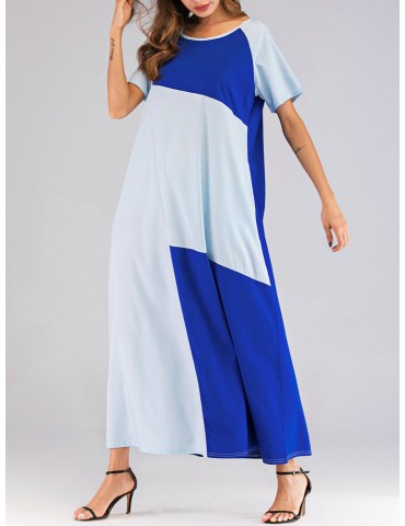 Patchwork Crew Neck Short Sleeve Maxi Dress