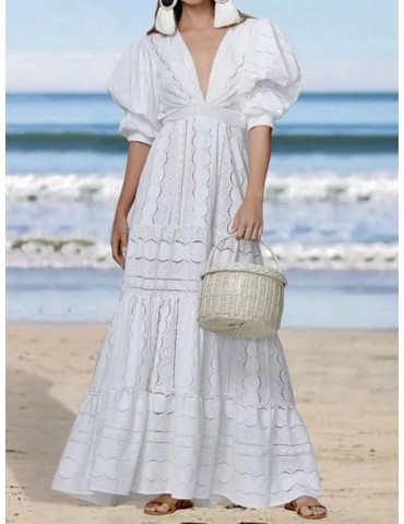 Bohemian Lace Puff Sleeve Maxi Dress For Women