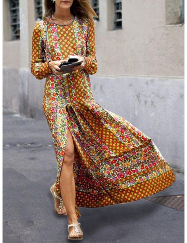 Splied Folk Style Print Long Sleeve Dress For Women