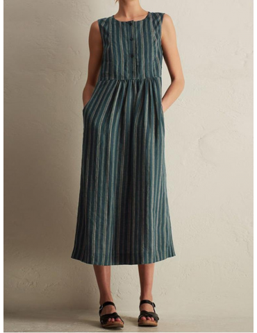 Pockets Stripe Sleeveless Vintage Mid-calf Dress For Women