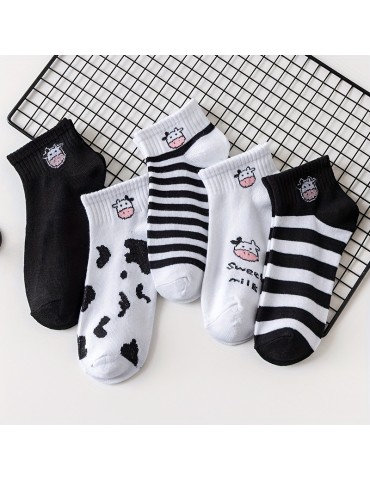 5 pairs Cute Cow Print Ankle Socks for Women - Comfortable and Breathable Hosiery