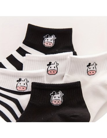 5 pairs Cute Cow Print Ankle Socks for Women - Comfortable and Breathable Hosiery