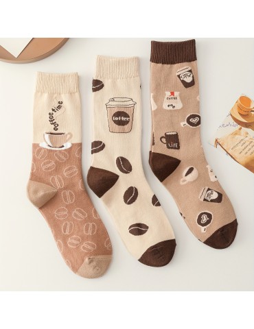 5 Pairs Coffee Print Socks, Comfy & Breathable Mid Tube Socks, Women's Stockings & Hosiery