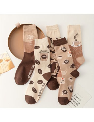 5 Pairs Coffee Print Socks, Comfy & Breathable Mid Tube Socks, Women's Stockings & Hosiery