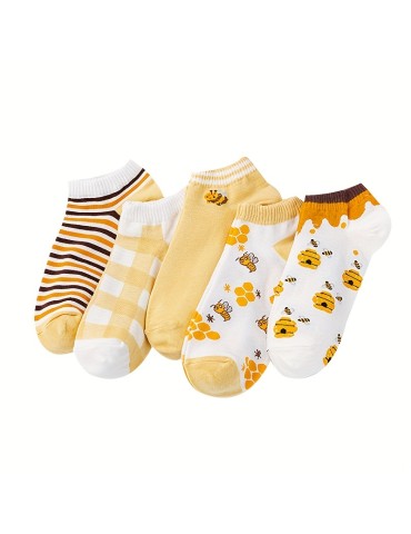 5 pairs Cute and Comfy Bee and Checkered Print Low Cut Ankle Socks for Women