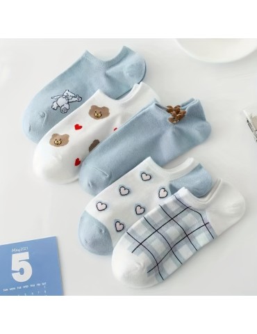 5 Pairs Cute Bear & Heart Print Socks, Breathable & Comfy Low Cut Ankle Socks, Women's Stockings & Hosiery